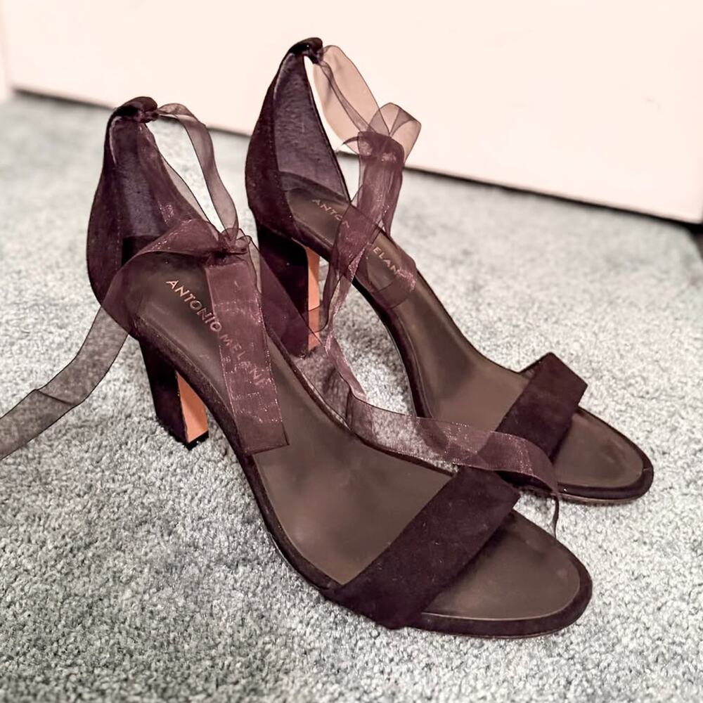 NEW Black Suede Tie Ankle Wrap Block Heel Sandals Size 8.5